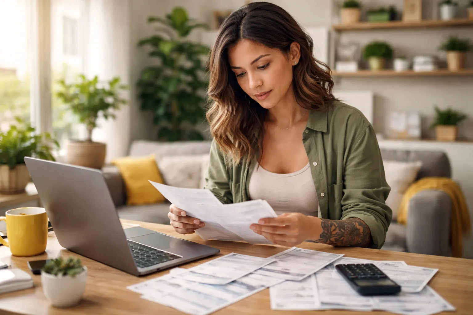 Woman managing household finances with laptop and documents